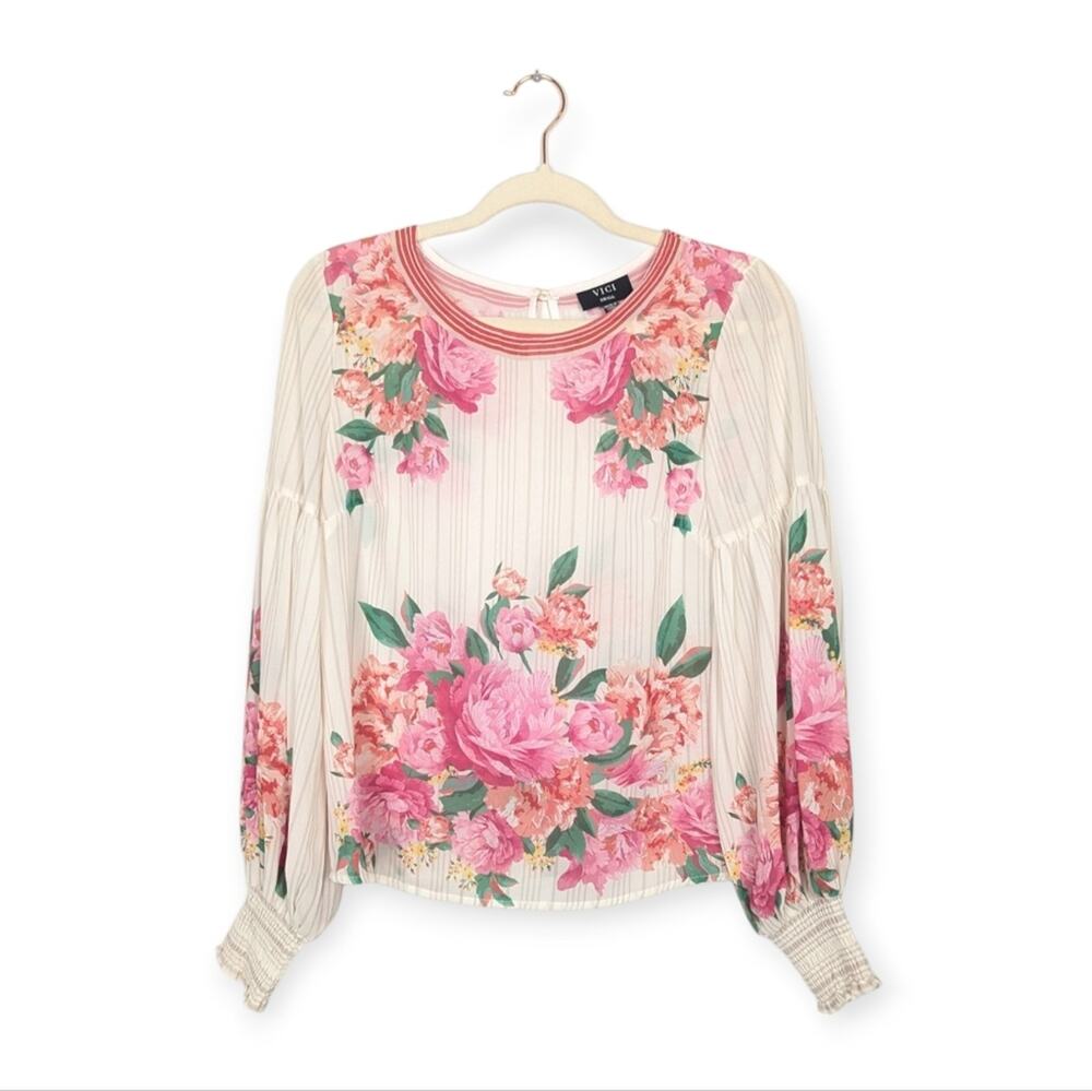 Vici Collection Valencia Blouse S White Pink Rose Print Long Sleeve Boho